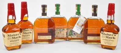 Seven bottles of Bourbon Whisky comprising four Woodford Reserve 43.2% vol and three Maker's Mark