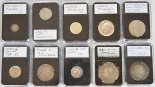 1819 George III crown together with a George IV example, 1787 cuirassed bust shilling, 1817 bullhead