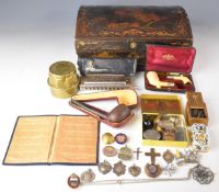 Lacquer box with Chinoiserie decoration and collectibles including Healey and Sons, Gloucester brass