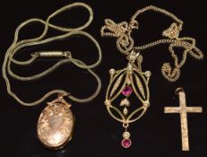 Edwardian 9ct gold pendant set with garnets and seed pearls on 9ct gold chain (6.2g), 9ct gold