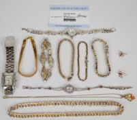 A collection of silver jewellery including bracelets, silver gilt bracelet, necklaces one with