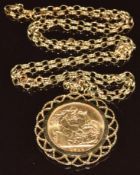 1911 gold full sovereign in 9ct gold pendant mount, on 9ct gold chain, 16g, 60cm