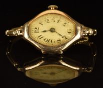 Art Deco Cartier style 14ct gold ladies wristwatch with blued hands, black Arabic numerals, silver