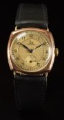 Record 9ct gold gentleman's wristwatch with subsidiary seconds dial, blued hands, Arabic numerals