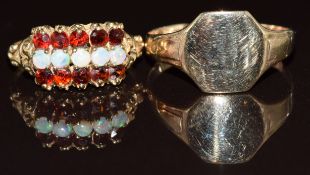 A 9ct gold ring set with a row of opals and two rows of garnets and a 9ct gold signet ring, 4.5g,
