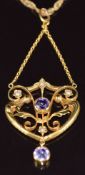 Art Nouveau 9ct gold pendant set with amethysts and seed pearls, on 9ct gold chain, 5.6g