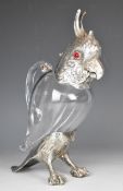 Victorian novelty hallmarked silver mounted glass claret jug in the form of a cockatoo, the head and