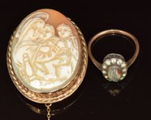 A 9ct gold cameo brooch and 9ct gold and silver ring set with moss agate