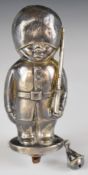 George V novelty hallmarked silver baby's rattle formed as a soldier with gun, Birmingham 1927,
