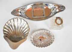 Edward VII hallmarked silver inkwell stand with mask handles, raised on four bun feet, Chester 1902,