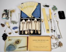 A collection of silver and jewellery including cased set of six spoons, silver locket, 9ct gold