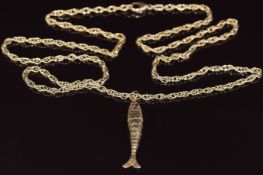 A 9ct gold chain / necklace, 78cm, and a 9ct gold articulated fish pendant, 19.1g, 4.5cm