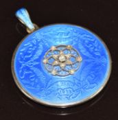 Asprey pendant/ locket set with blue enamel and diamonds to the centre, verso a locket