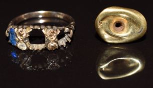 An 18ct gold stud (1.3g, damaged) and a 9ct gold ring set with diamonds (3.1g, missing three