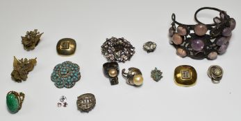 A pair of Balmain Paris earrings with matching ring, Chinese bangle set with amethyst and rose