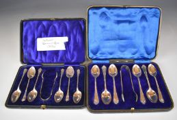 Two cased sets of hallmarked silver teaspoons and tongs, one Birmingham 1896, maker Deakin & Francis