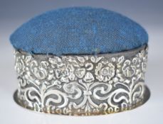 Victorian or Edward VII hallmarked silver sewing box with pin cushion lid and Art Nouveau embossed