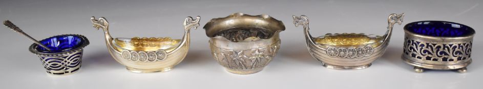 Five hallmarked and other silver open salts comprising a pair of Norwegian novelty examples formed