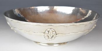 Arts & Crafts white metal bowl with hammered and applied decoration, commissioned by the vendor's