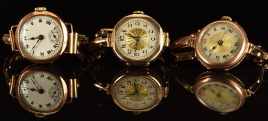 Three 9ct gold ladies wristwatches, two on 9ct gold expanding bracelets, largest case diameter 25mm.