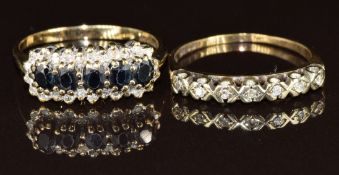 Two 9ct gold rings, one set with diamonds and the other with sapphires surrounded by diamonds, 5.4g,