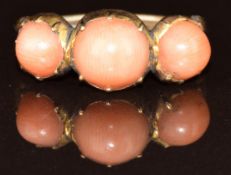 Victorian ring set with three coral cabochon, 2.1g, size M