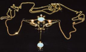A 9ct gold necklace set with opals, a diamond and two seed pearls, 3.7g, 40cm