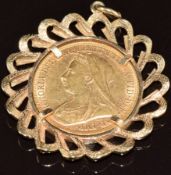 1894 gold full sovereign in 9ct gold pendant mount, 13.5g