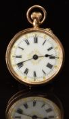 Unnamed 9ct gold keyless winding open faced pocket watch with blued hands, black Roman numerals,