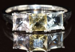 A 9k white gold ring set with square cut aquamarine, yellow beryl and morganite, 2.2g, size Q