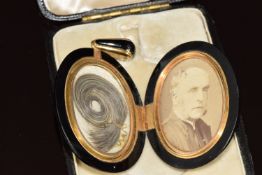 Victorian mourning locket / pendant set with black enamel and diamond encrusted initials FGJ for