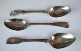 Three Georgian and later hallmarked silver dessert spoons including an Exeter example, length of