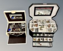 Two contemporary jewellery boxes containing costume jewellery, some silver, dress rings,