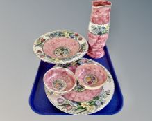 A tray containing five pieces of pink lustre Maling including pink Springtime bowl and wall plate,