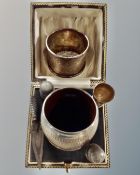 A Birmingham silver napkin ring in case together with further silver items including napkin ring,