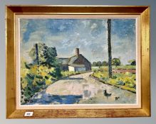 Continental school : A country lane leading to a house, oil on canvas, 59cm by 44cm.