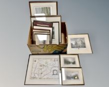 A box containing 12 colour and black and white etchings including Edinburgh, map of Lincoln,