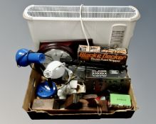 An electric panel heater, box of wall clock, angle poised lamps, vintage woodworking planes,