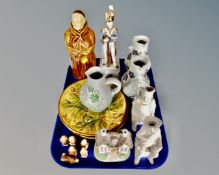 A tray containing assorted antique and later ceramics including scotch whisky monk decanter