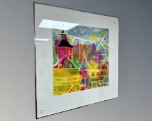 A Continental colour print on fabric depicting a view across a town, indistinctly signed to margin,