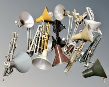 A box of ten vintage angle poised lamps, no bases,