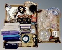 Three boxes containing assorted 20th century pressed glassware, commemorative glass dishes,