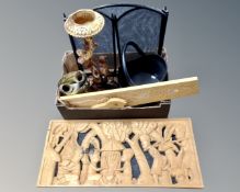 A box of resin smoker's stand, black metal three-way spark guard and bucket,