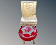 A 20th century bedroom chair upholstered in a gold fabric together with a mid-20th century circular