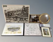 A small circular bevel edged mirror in gilt frame, a picture mirror depicting Romani caravan,