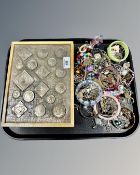 A Polish folk art cepelia coin and a box of Bohemian and costume jewellery