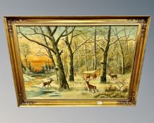 Arla Nielsen : Deer in woodland, oil on canvas, 96cm by 66cm.