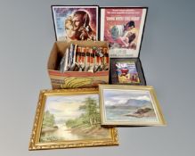 A box containing The Beatles magazines, encyclopedias, a model of a fishing trawler, oil paintings,