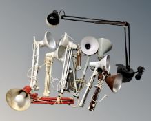 A box containing eight metal angle poise lamps, no bases,