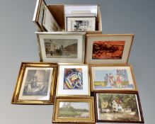 A box containing a quantity of Continental School pictures and prints, signed prints,